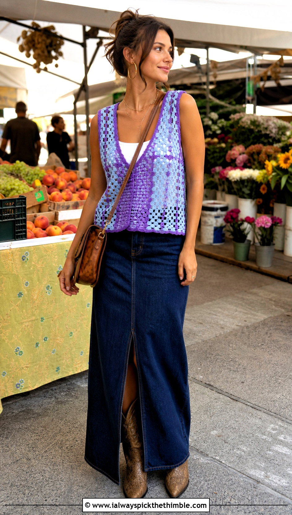 Mesh Check Crochet Sweater Vest With Denim Maxi Skirt - 15 Checkered Crochet Sweater Vest outfit ideas