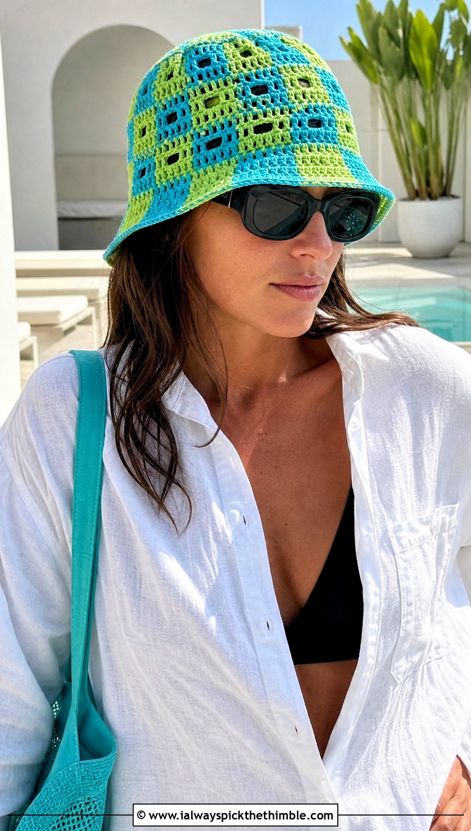 Mesh Checkerboard Crochet Bucket Hat With Beach Cover Up - 20 checkerboard crochet bucket hat outfit ideas