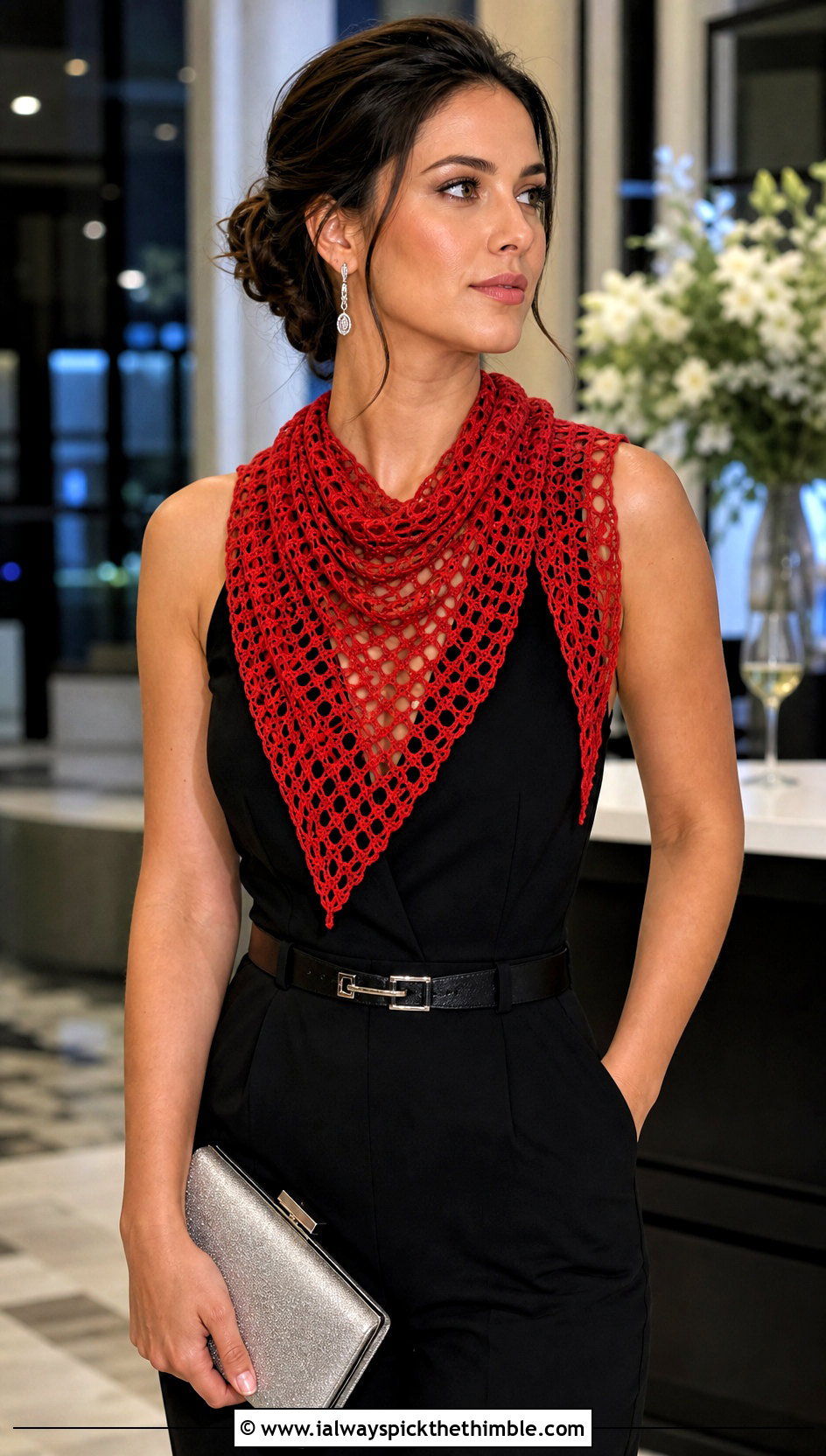 Mesh Chevron Crochet Scarf With Black Jumpsuit - 20 Crochet Zig Zag Scarf outfit ideas