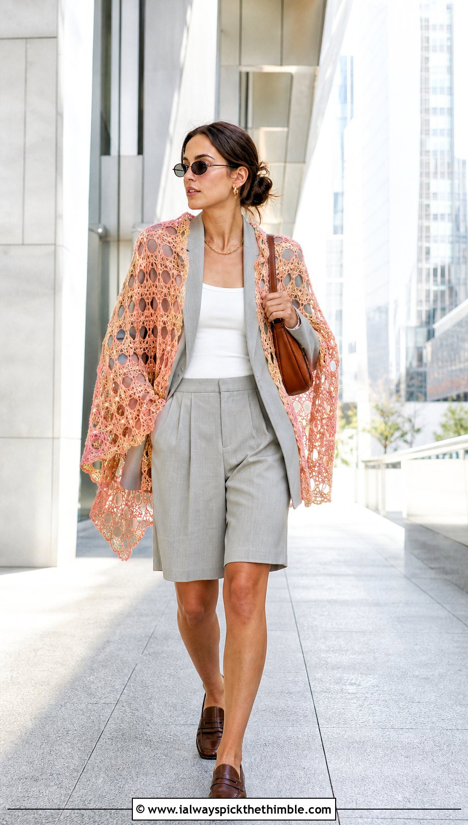 Mesh Circle Crochet Shawl With Blazer And Bermuda Shorts - 20 Circle Crochet Shawl outfit ideas