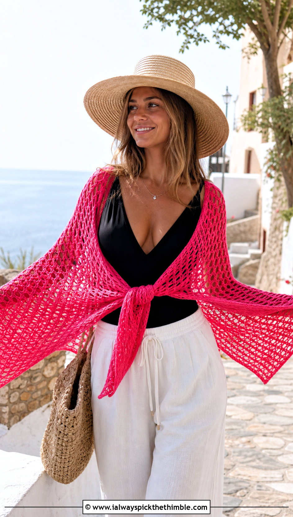 Mesh Crescent Wingspan Shawl With Swimsuit And Linen Pants - 15 Crochet Wingspan Shawl outfit ideas