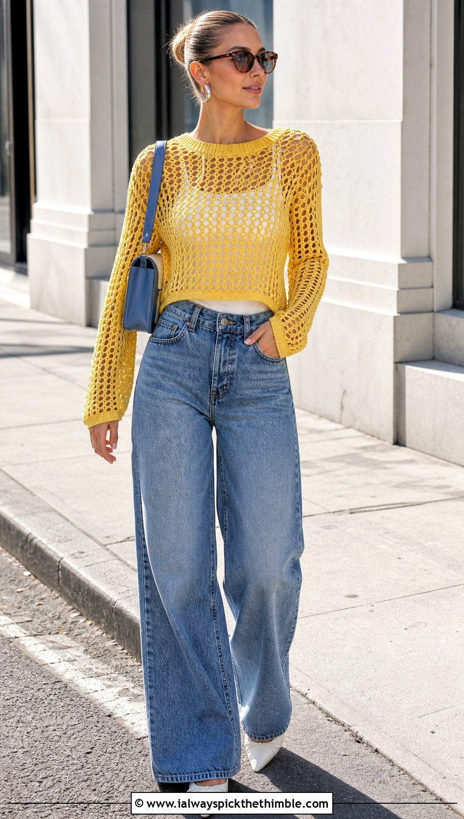 Mesh Crewneck Hollow Out Crochet Sweater With Wide Leg Jeans - 20 Hollow Out Crochet Sweater outfit ideas