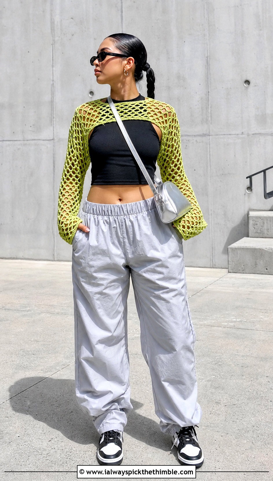 Mesh Crochet Arm Shrug With Parachute Pants - 20 crochet wrap around shrug with sleeves outfit ideas