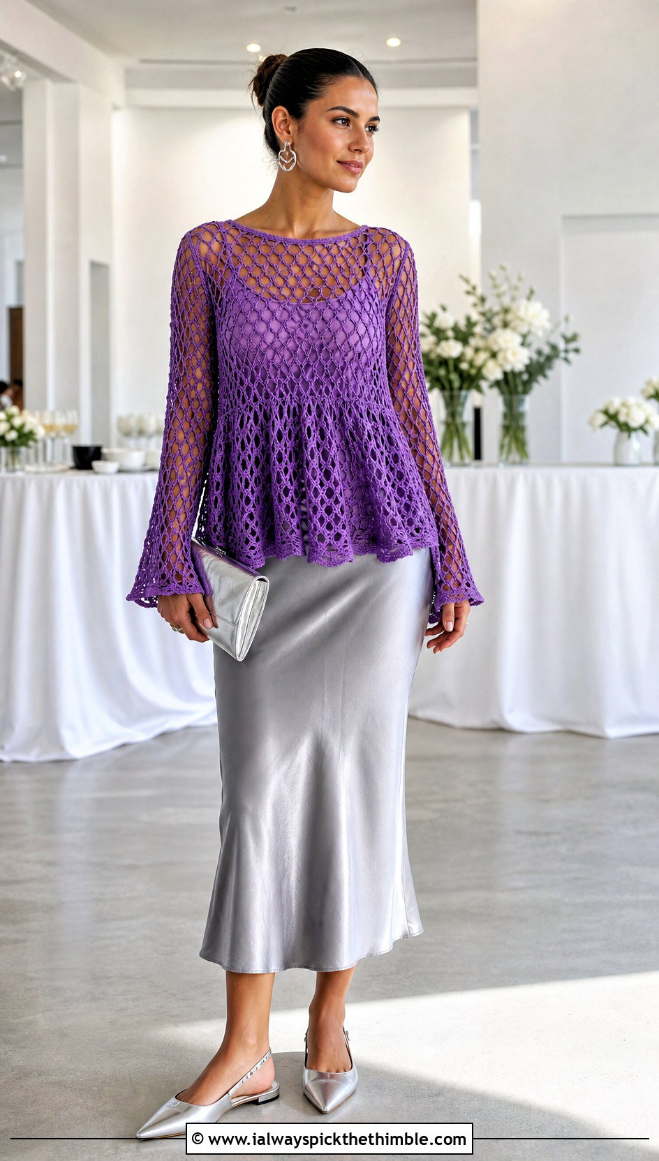 Mesh Crochet Babydoll Top With Satin Midi Skirt - 25 crochet babydoll top outfit ideas