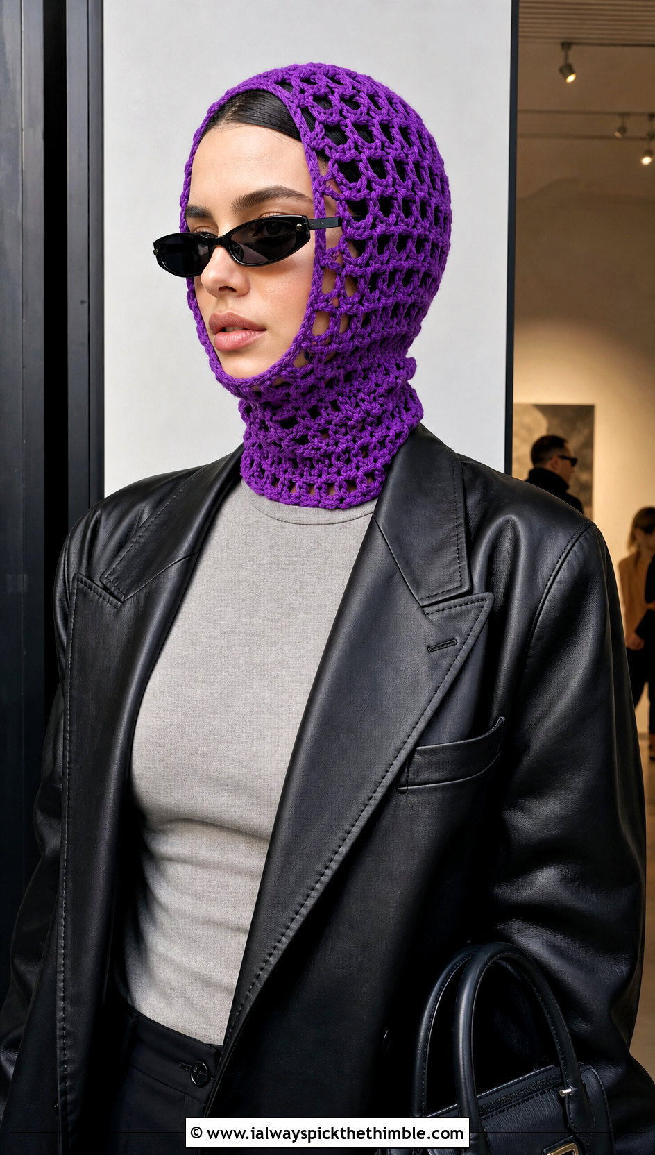 Mesh Crochet Balaclava With Leather Blazer - 25 crochet baclava hat outfit ideas