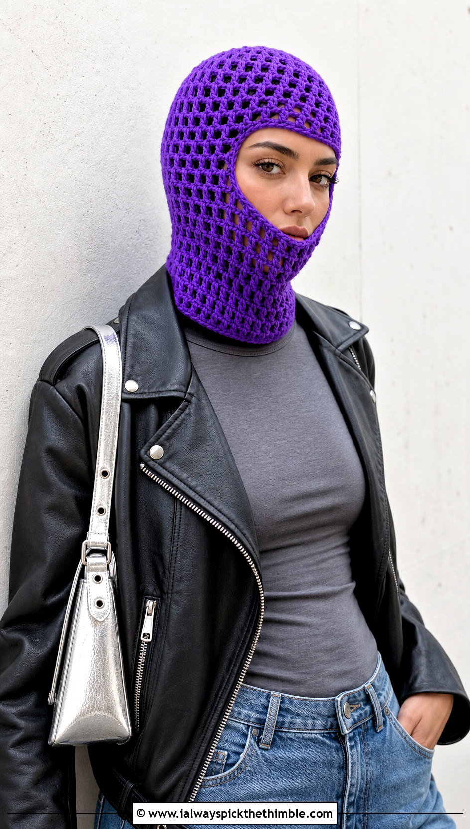 Mesh Crochet Balaclava With Leather Jacket - 20 easy crochet balaclava outfit ideas