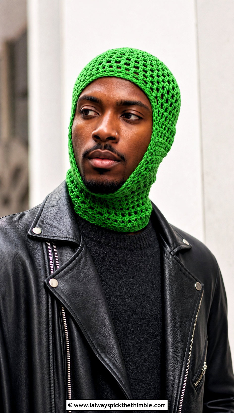 Mesh Crochet Balaclava With Leather Jacket - 20 crochet balaclava for men outfit ideas