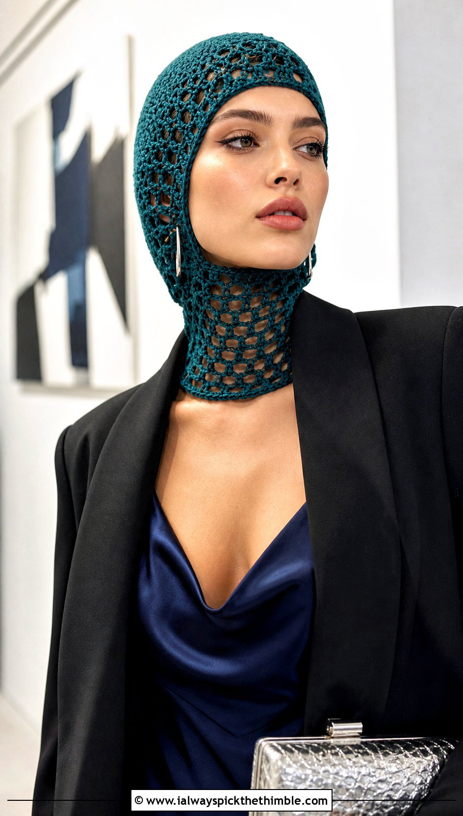 Mesh Crochet Balaclava With Satin Slip Dress - 20 crochet balaclava hat outfit ideas