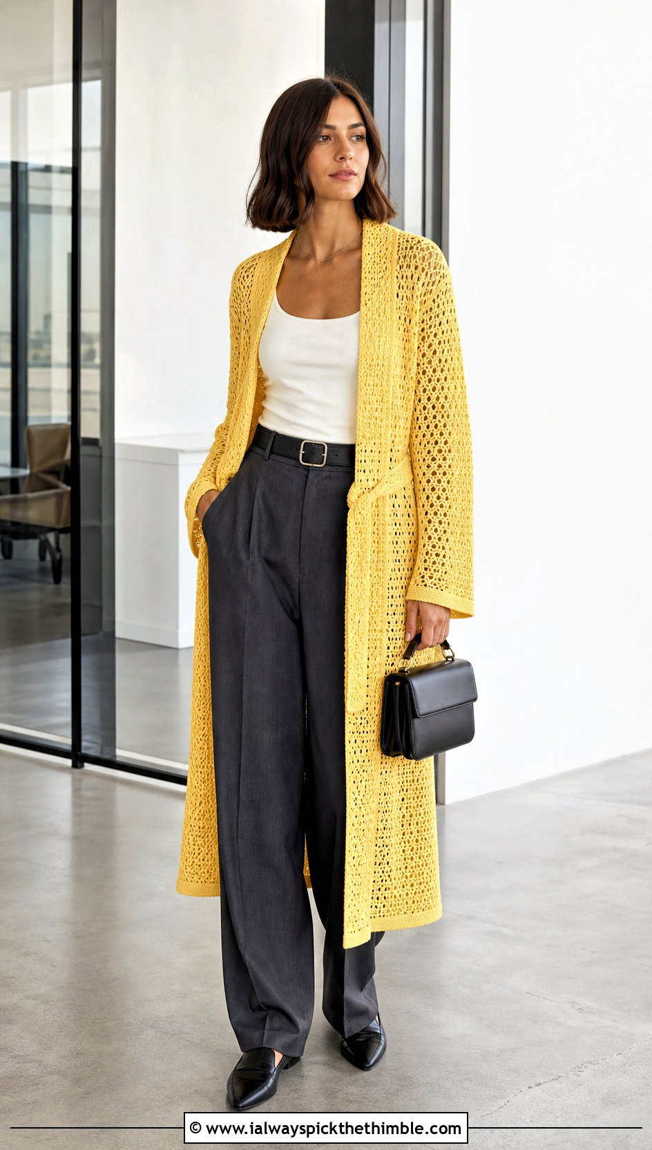 Mesh Crochet Bathrobe With Tailored Trousers - 20 crochet bathrobe outfit ideas