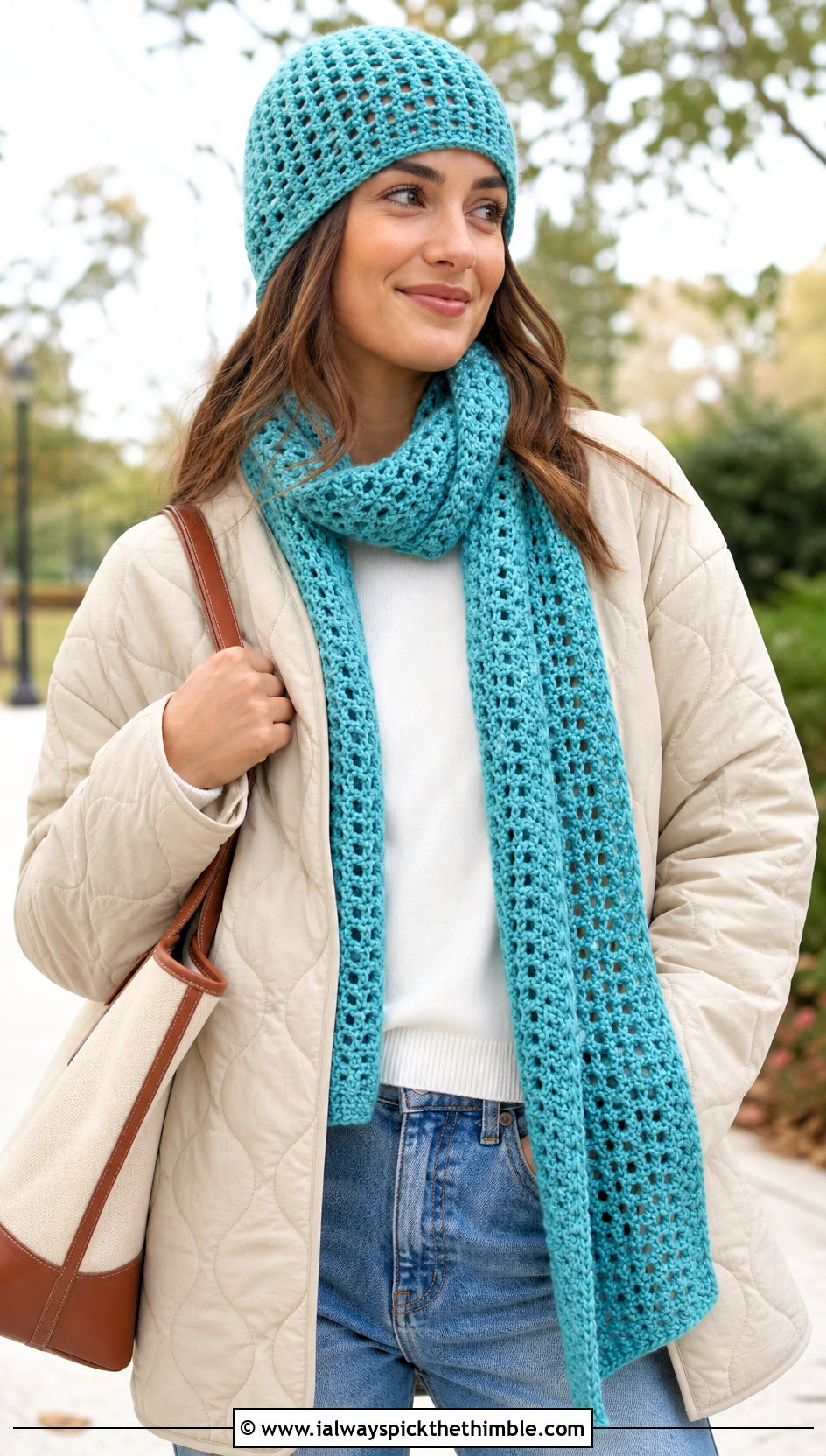 Mesh Crochet Beanie And Scarf Set With Quilted Jacket - 20 crochet beanie and scarf set outfit ideas