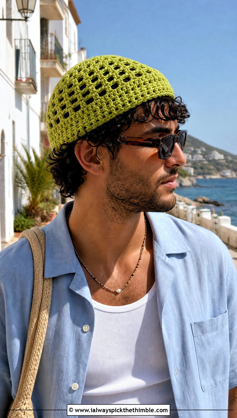 Mesh Crochet Beanie With Camp Collar Shirt - 20 crochet for men's beanies outfit ideas