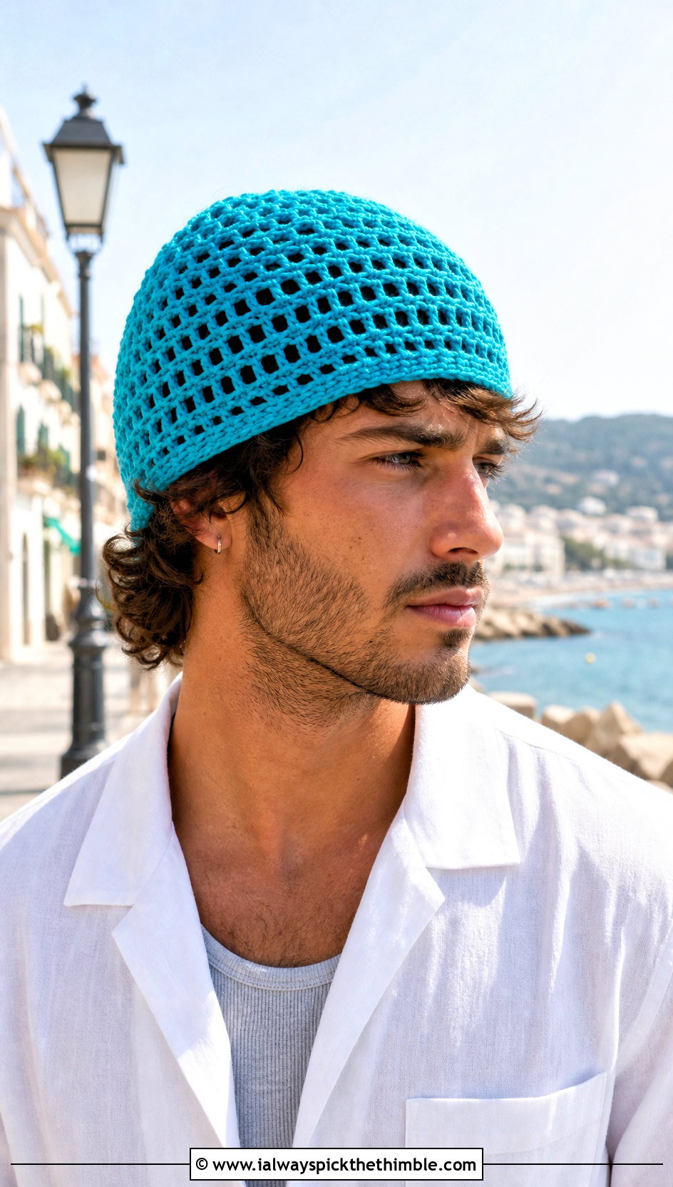 Mesh Crochet Beanie With Camp Collar Shirt - 20 easy crochet beanie for men outfit ideas