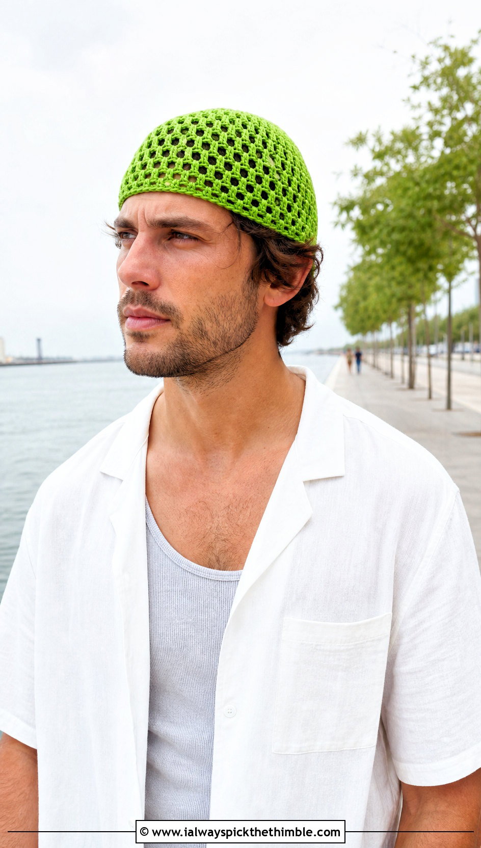 Mesh Crochet Beanie With Camp Collar Shirt - 20 easy men's crochet beanie outfit ideas