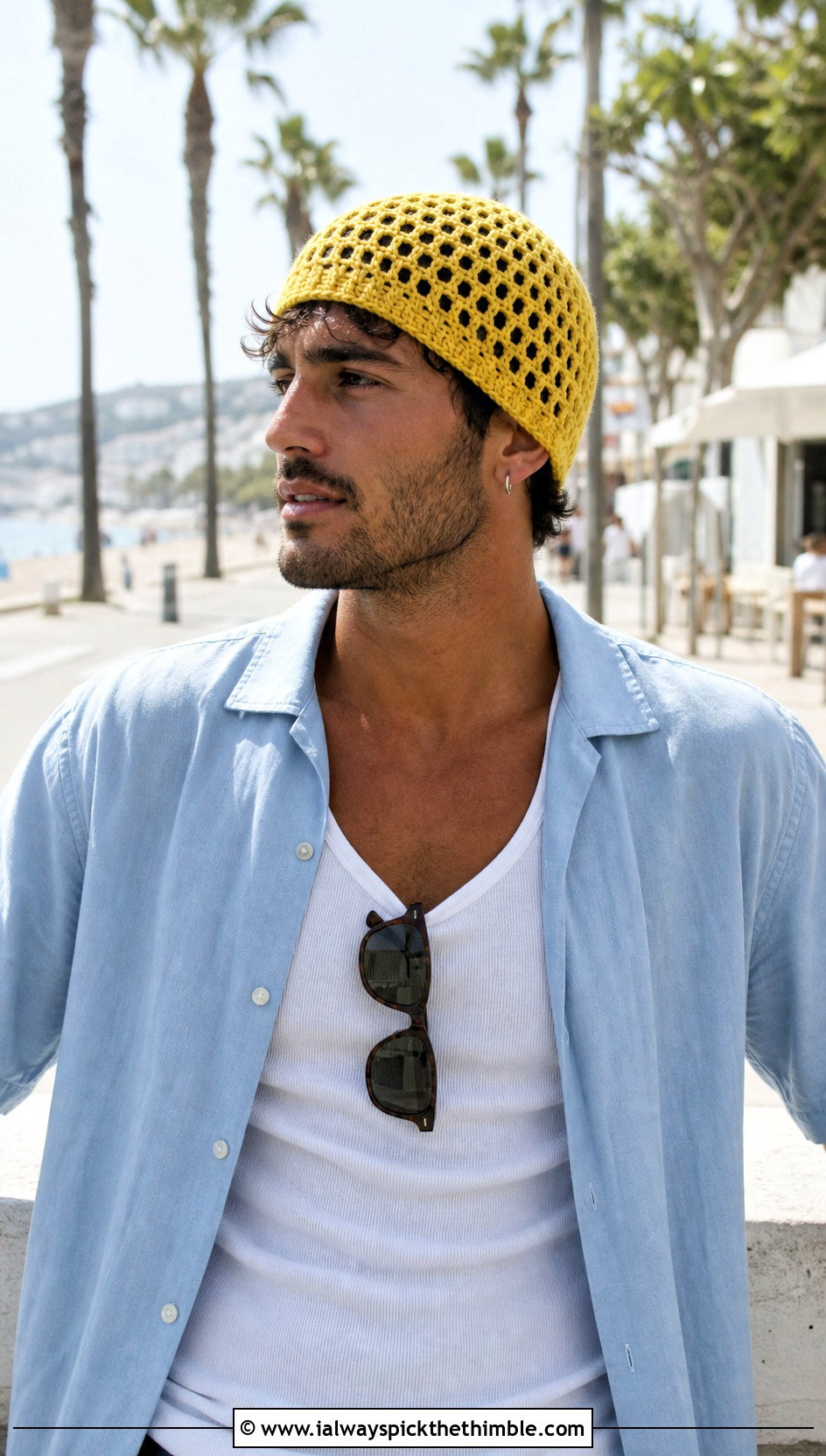 Mesh Crochet Beanie With Camp Collar Shirt - 25 crochet beanie for men outfit ideas