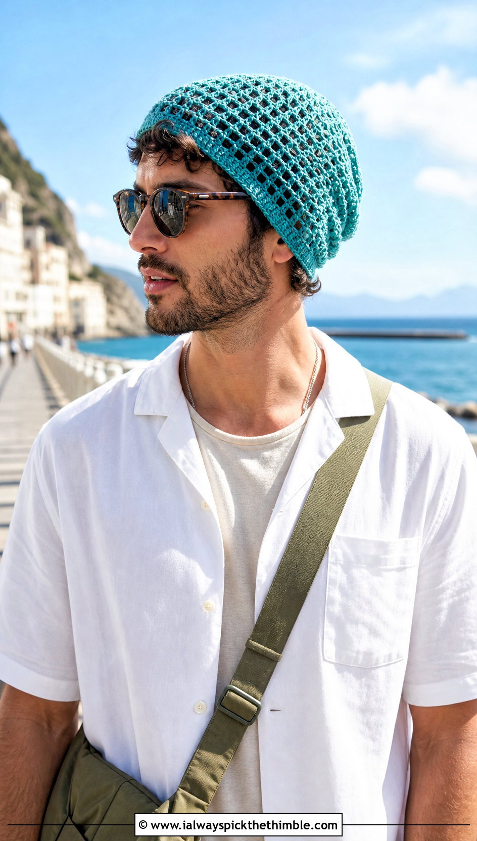 Mesh Crochet Beanie With Camp Collar Shirt - 15 men's crochet beanies outfit ideas