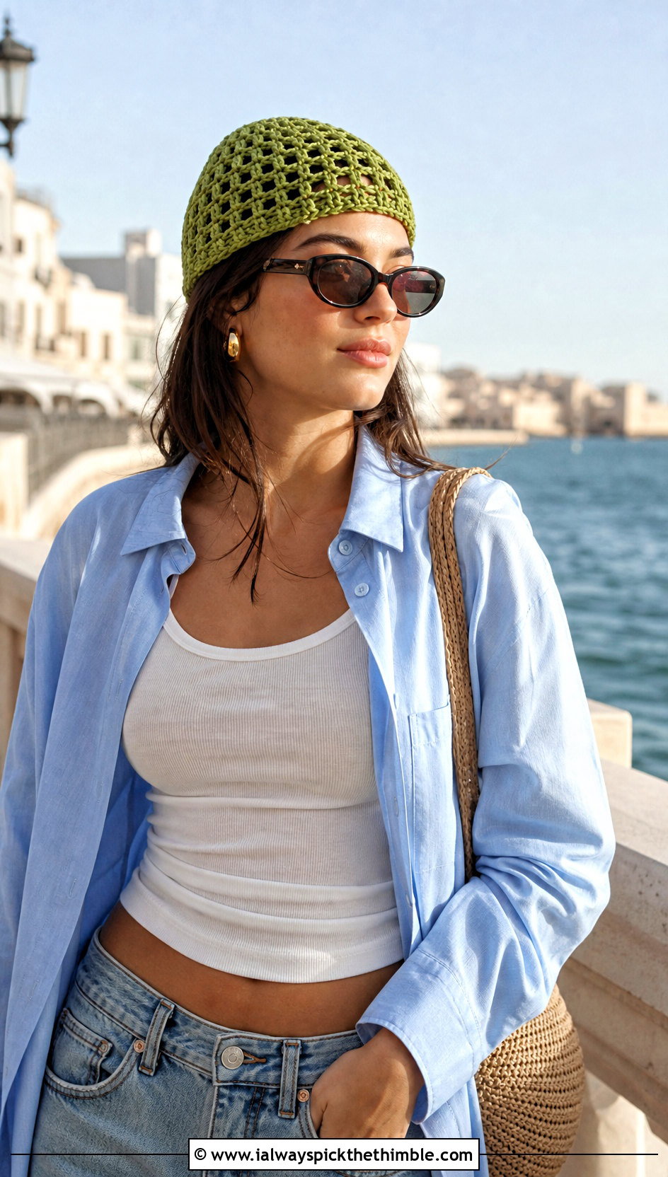 Mesh Crochet Beanie With Linen Shirt - 15 Womens Crochet Beanie outfit ideas