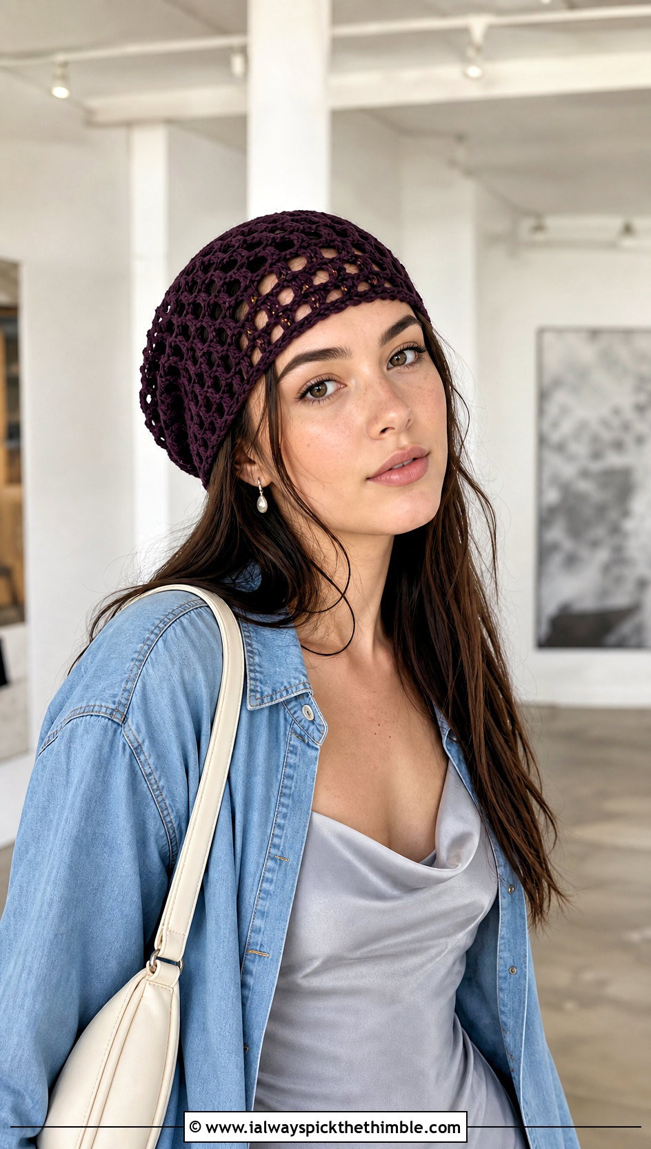 Mesh Crochet Beanie With Slip Dress - 20 Quick Crochet Beanie outfit ideas