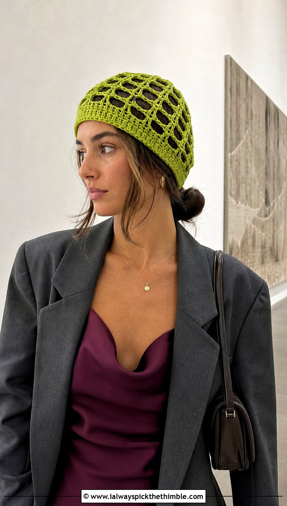 Mesh Crochet Beanie With Slip Dress And Oversized Blazer - 25 easy crochet beanie womens outfit ideas