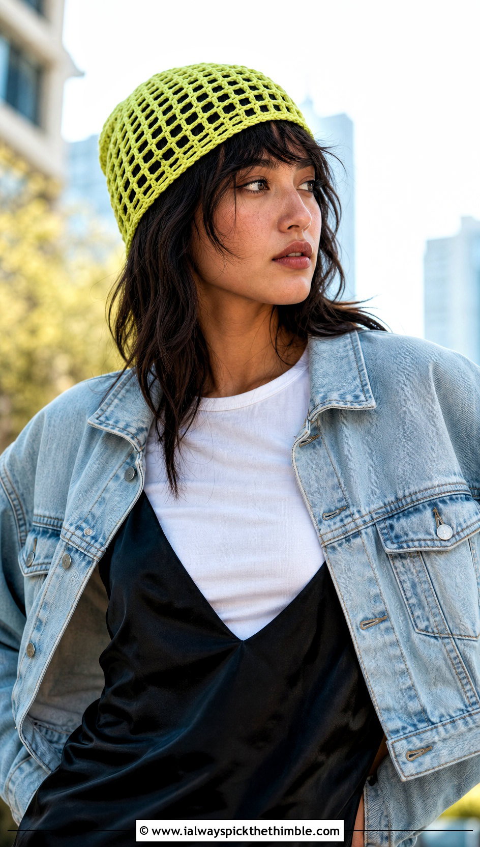 Mesh Crochet Beanie With Slip Dress - 15 cool crochet beanie outfit ideas