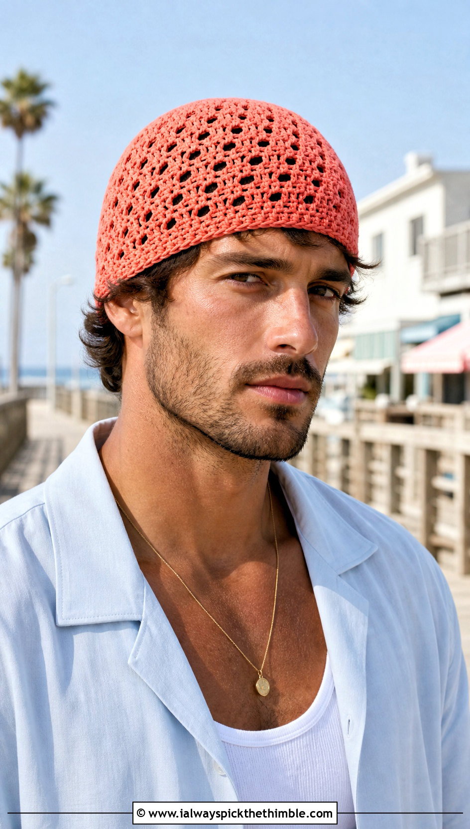 Mesh Crochet Beanie With Summer Shirt - 25 Men Crochet Beanie outfit ideas