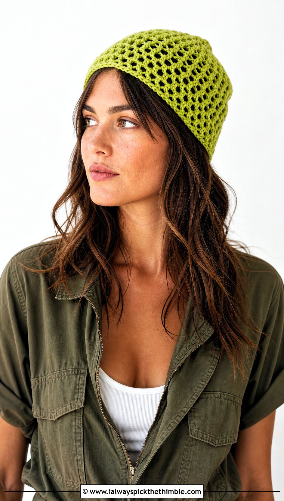 Mesh Crochet Beanie With Utility Jumpsuit - 20 crochet fall beanie outfit ideas