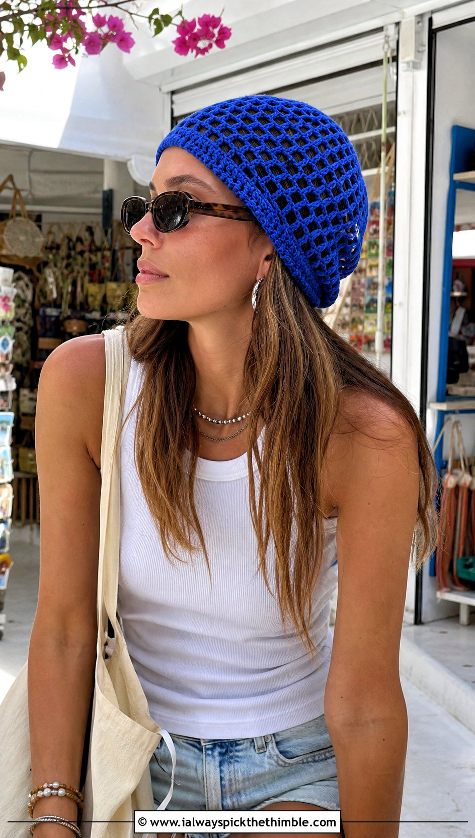 Mesh Crochet Beanie With White Tank And Denim Shorts - 20 summer crochet beanie outfit ideas
