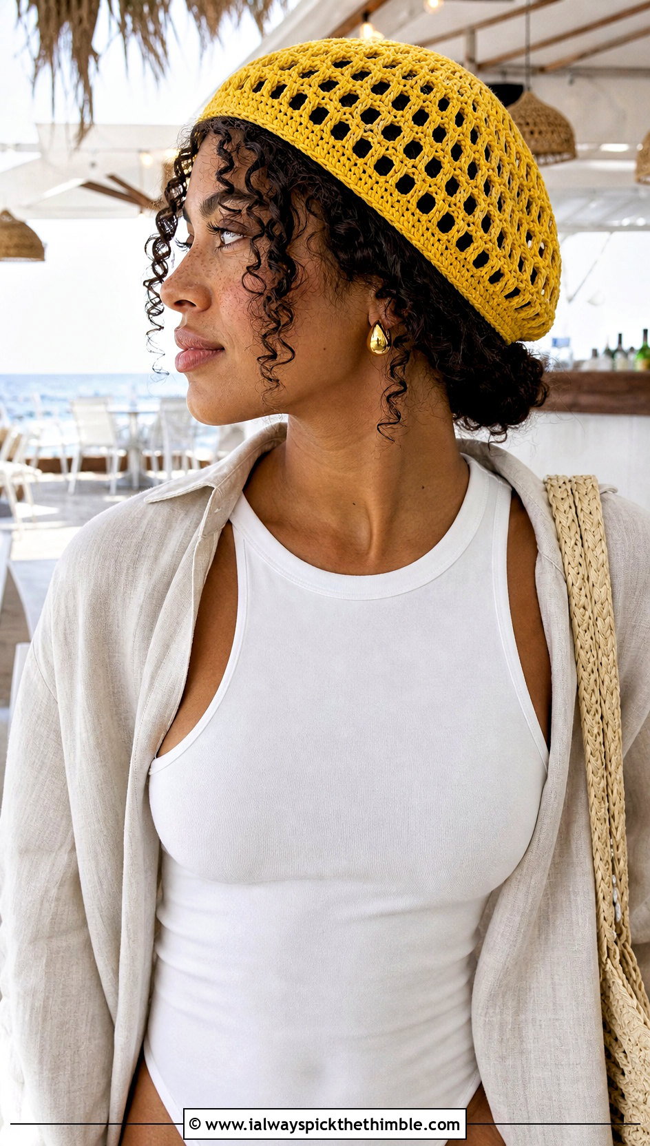 Mesh Crochet Beret With Linen Set - 20 crochet berets outfit ideas