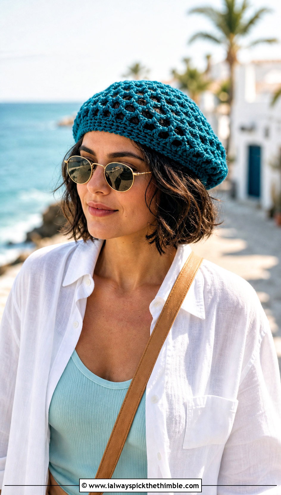 Mesh Crochet Beret With Linen Shirt And Shorts - 15 Womens Crochet Beret outfit ideas