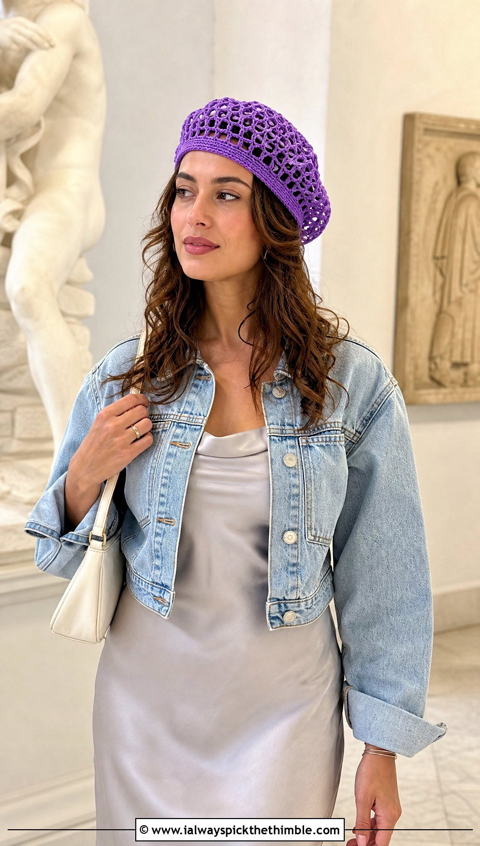 Mesh Crochet Beret With Slip Dress And Cropped Jacket - 25 crochet beret outfit ideas