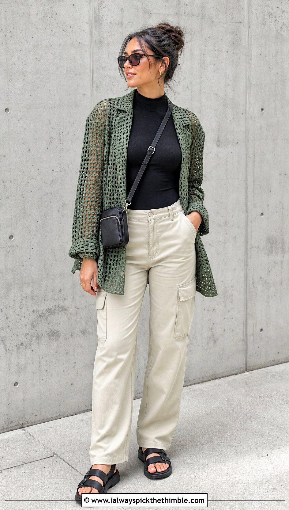 Mesh Crochet Blazer With Cargo Pants - 25 crochet blazer outfit ideas