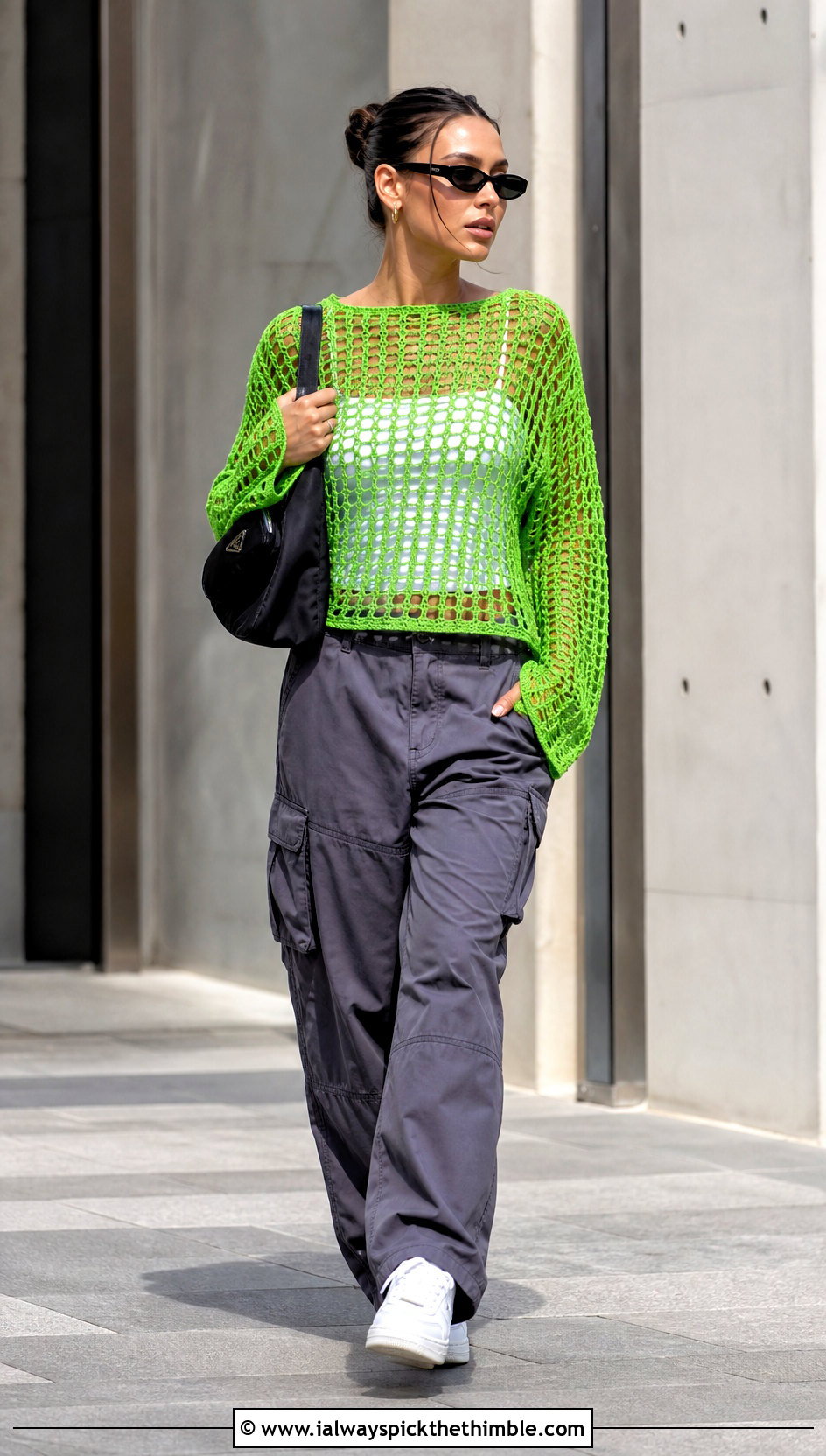 Mesh Crochet Blouse With Cargo Pants - 25 crochet blouse outfit ideas