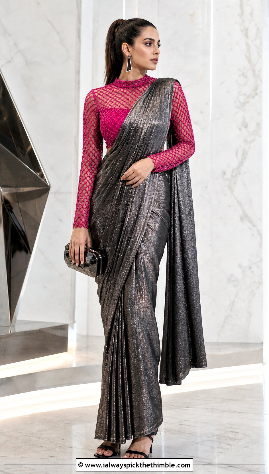 Mesh Crochet Blouse With Metallic Saree - 25 Crochet Blouse For Saree outfit ideas