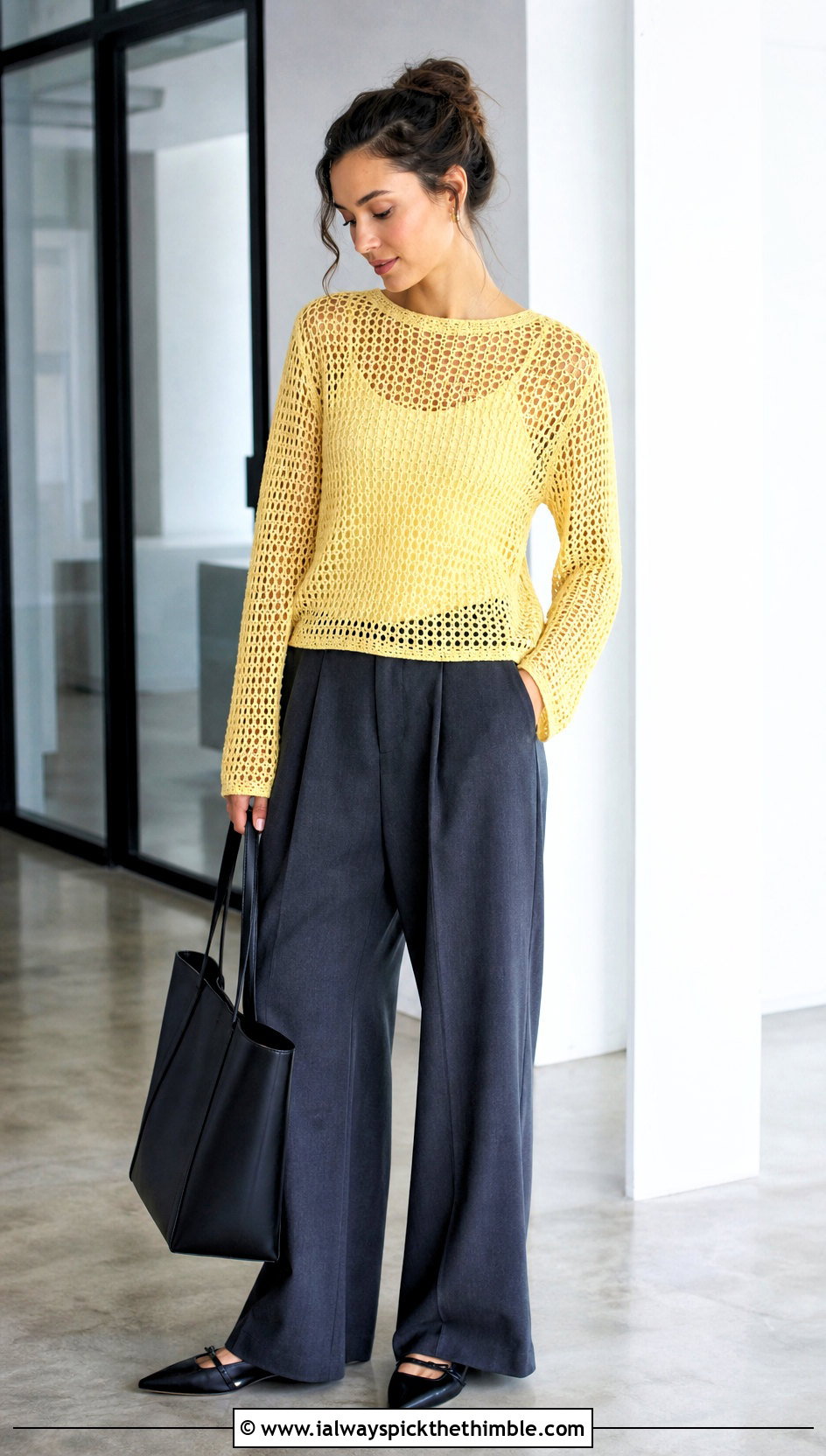 Mesh Crochet Blouse With Tailored Trousers - 15 quick crochet blouse outfit ideas