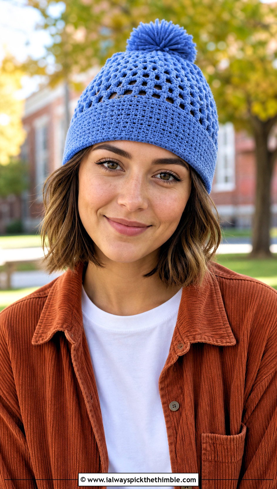 Mesh Crochet Bobble Beanie With Corduroy Overshirt - 20 crochet bobble hat outfit ideas