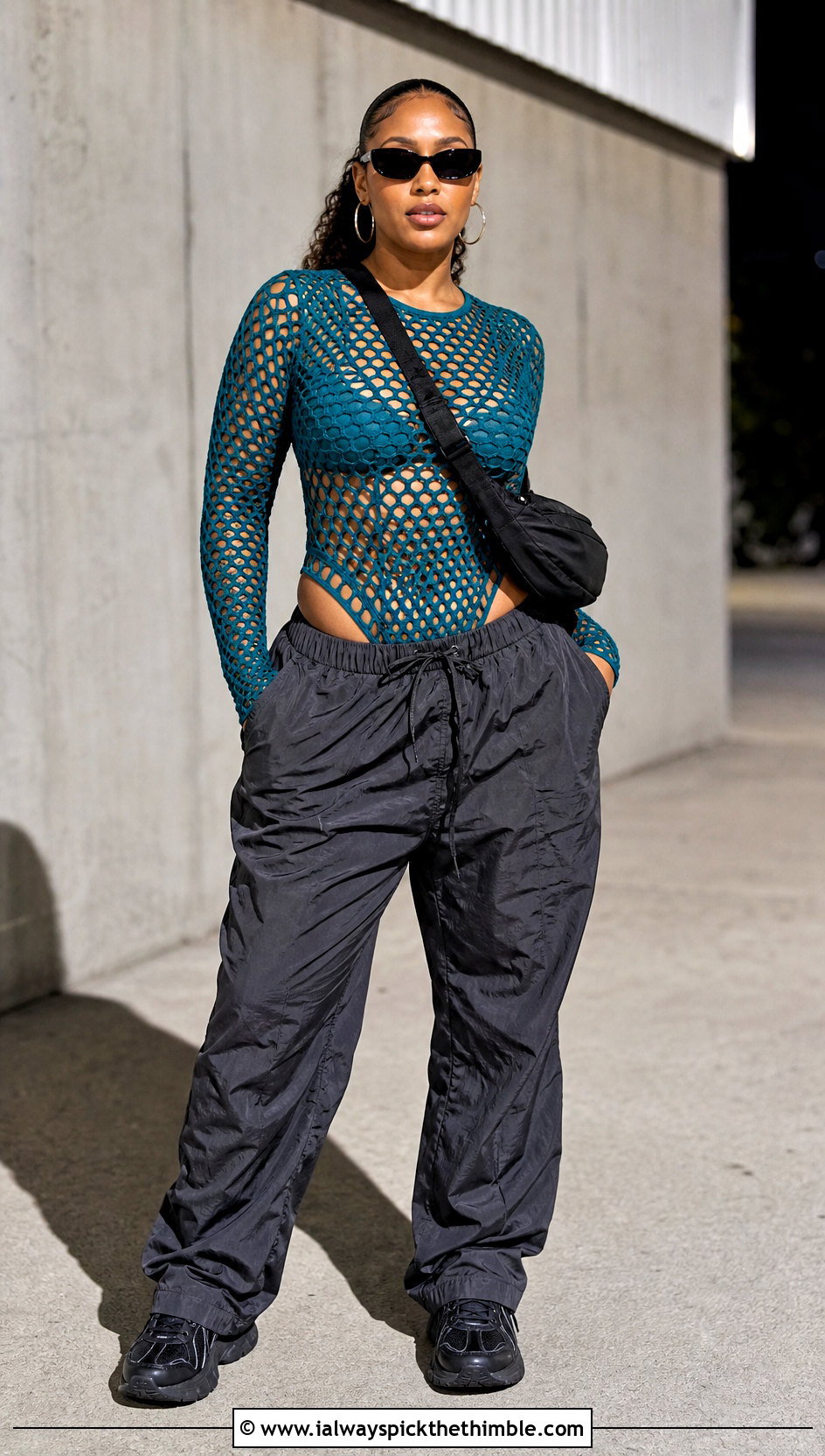 Mesh Crochet Bodysuit With Parachute Pants - 20 crochet carnival outfit ideas