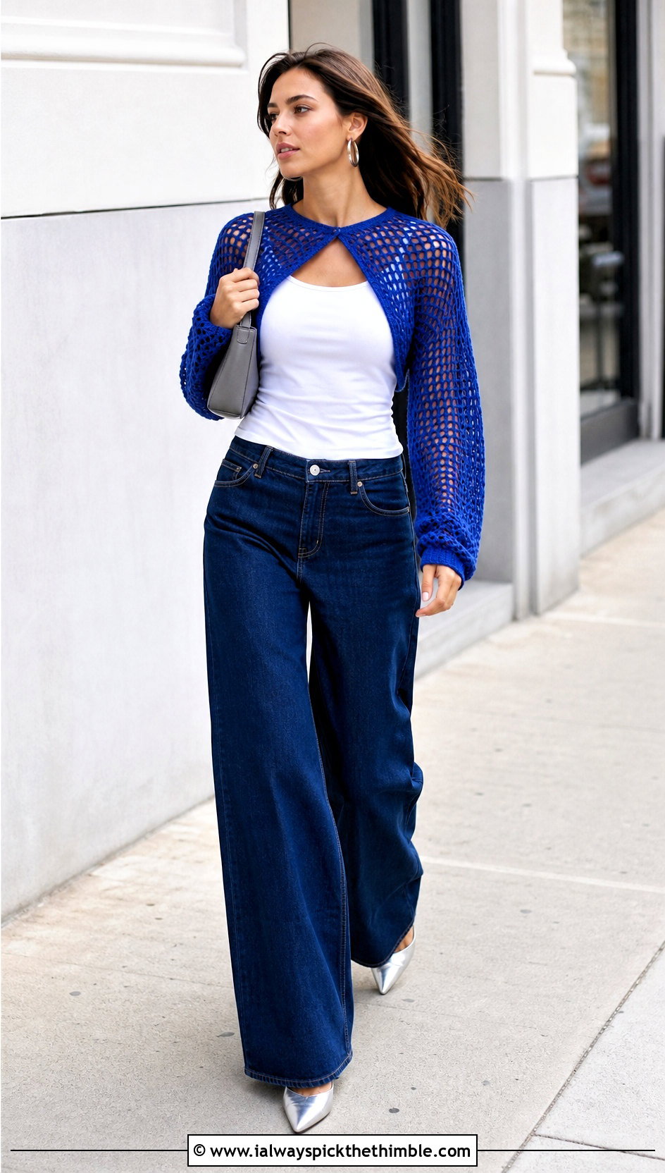 Mesh Crochet Bolero Shrug Sweater With Wide Leg Jeans - 20 crochet shrug sweater outfit ideas