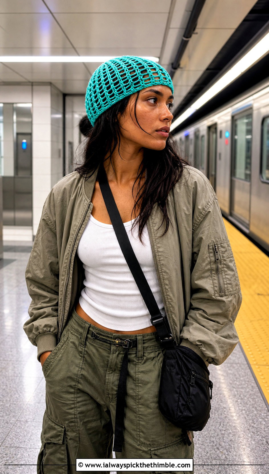 Mesh Crochet Bonnet With Cargo Pants - 20 Easy Crochet Bonnet outfit ideas
