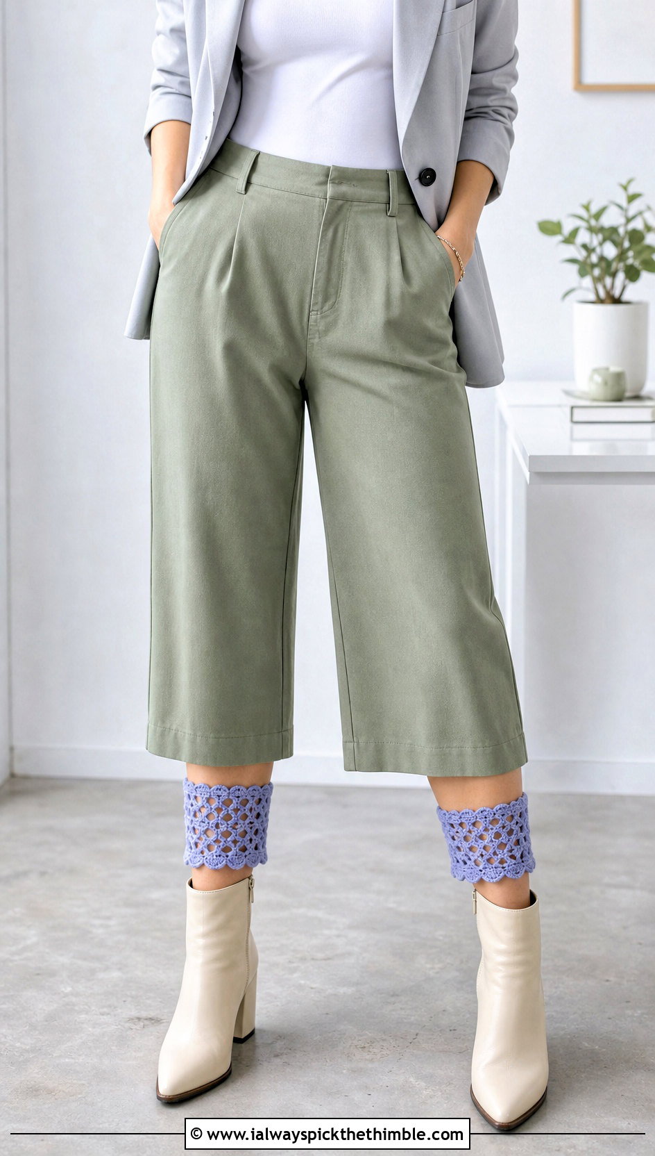 Mesh Crochet Boot Cuffs With Wide Leg Culottes - 25 crochet boot cuffs outfit ideas