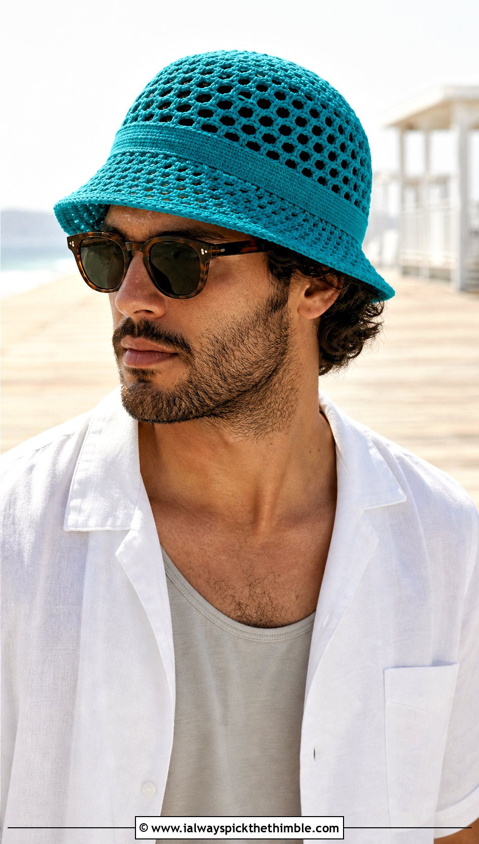 Mesh Crochet Bucket Hat With Beach Outfit - 20 crochet hat ideas for men