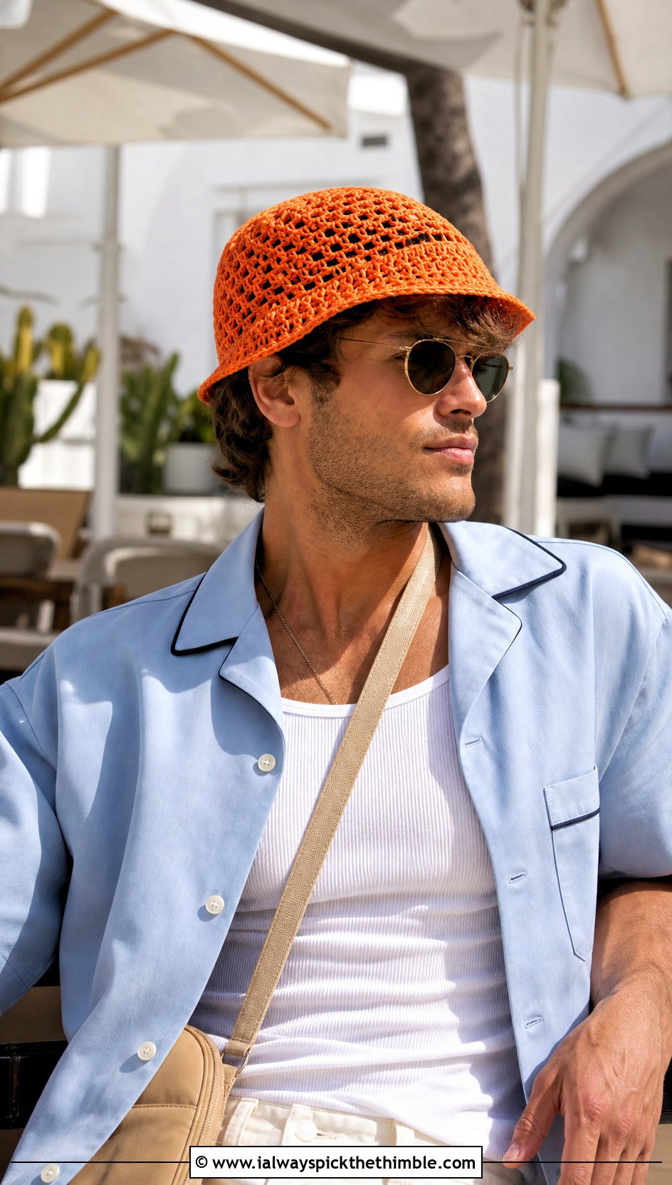 Mesh Crochet Bucket Hat With Bowling Shirt - 25 men's crochet hat outfit ideas