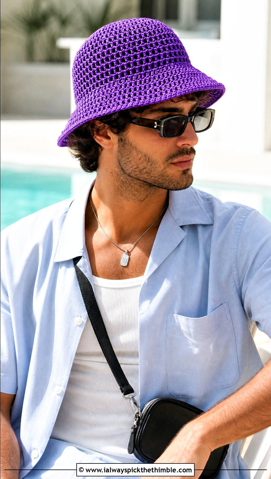 Mesh Crochet Bucket Hat With Camp Collar Shirt - 20 crocheted mens hats outfit ideas