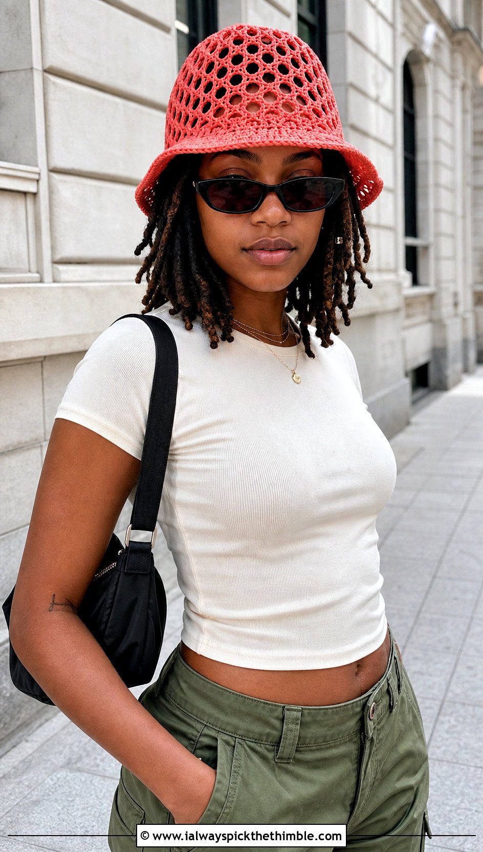 Mesh Crochet Bucket Hat With Cargo Pants - 20 crochet hats black women outfit ideas