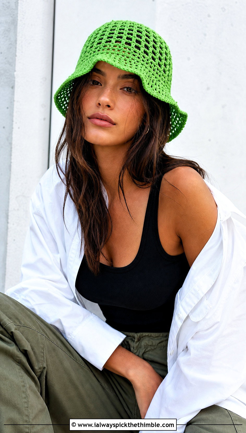 Mesh Crochet Bucket Hat With Cargo Pants And Tank Top - 15 crochet trendy bucket hat outfit ideas