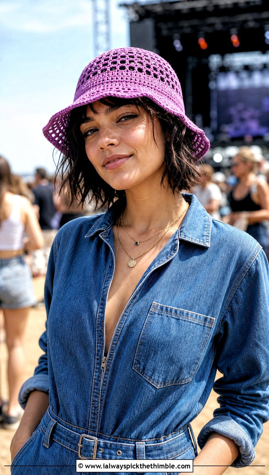 Mesh Crochet Bucket Hat With Denim Jumpsuit - 20 Quick Crochet Hats outfit ideas