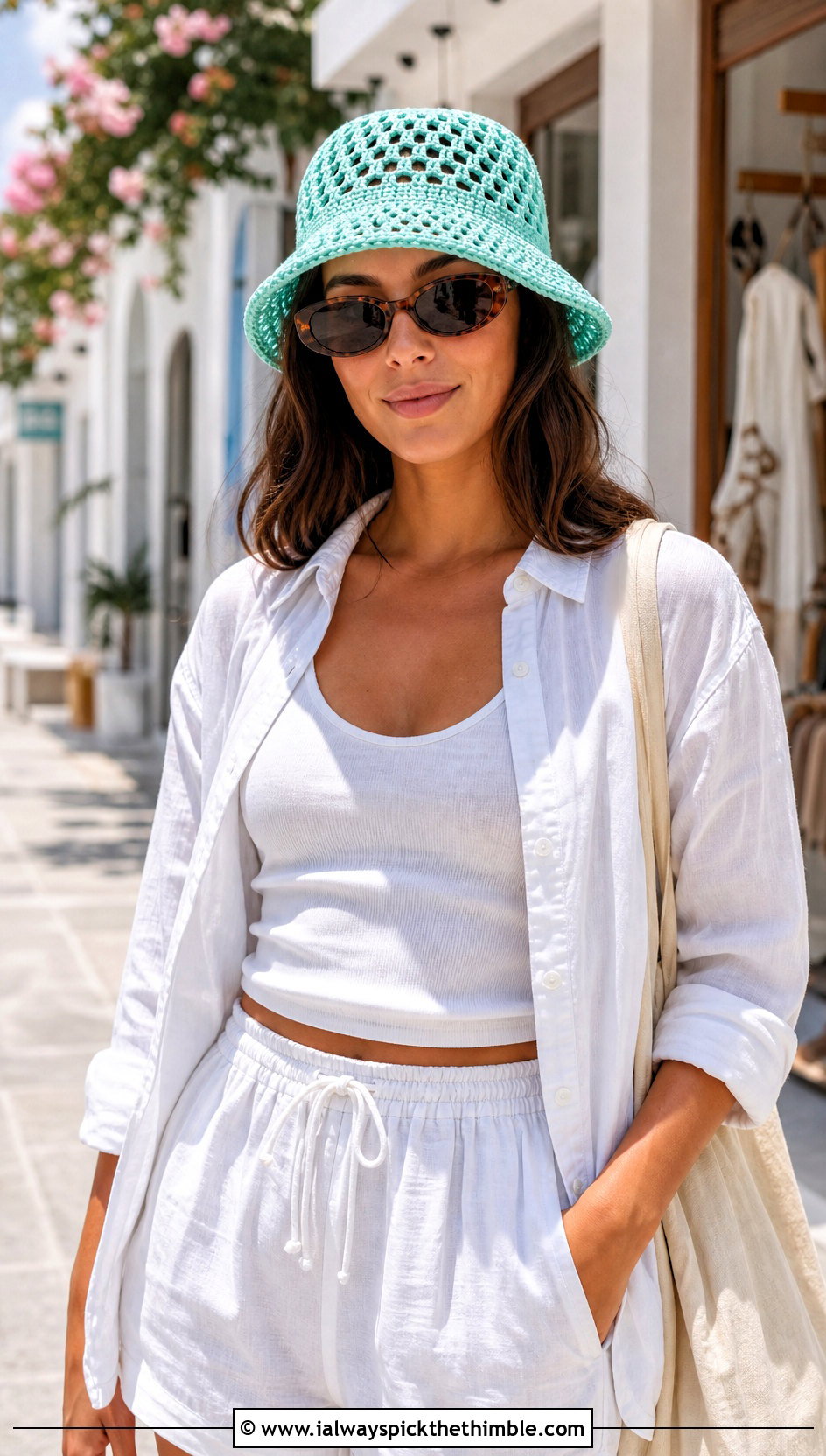 Mesh Crochet Bucket Hat With Linen Set - 25 one piece crochet hat outfit ideas