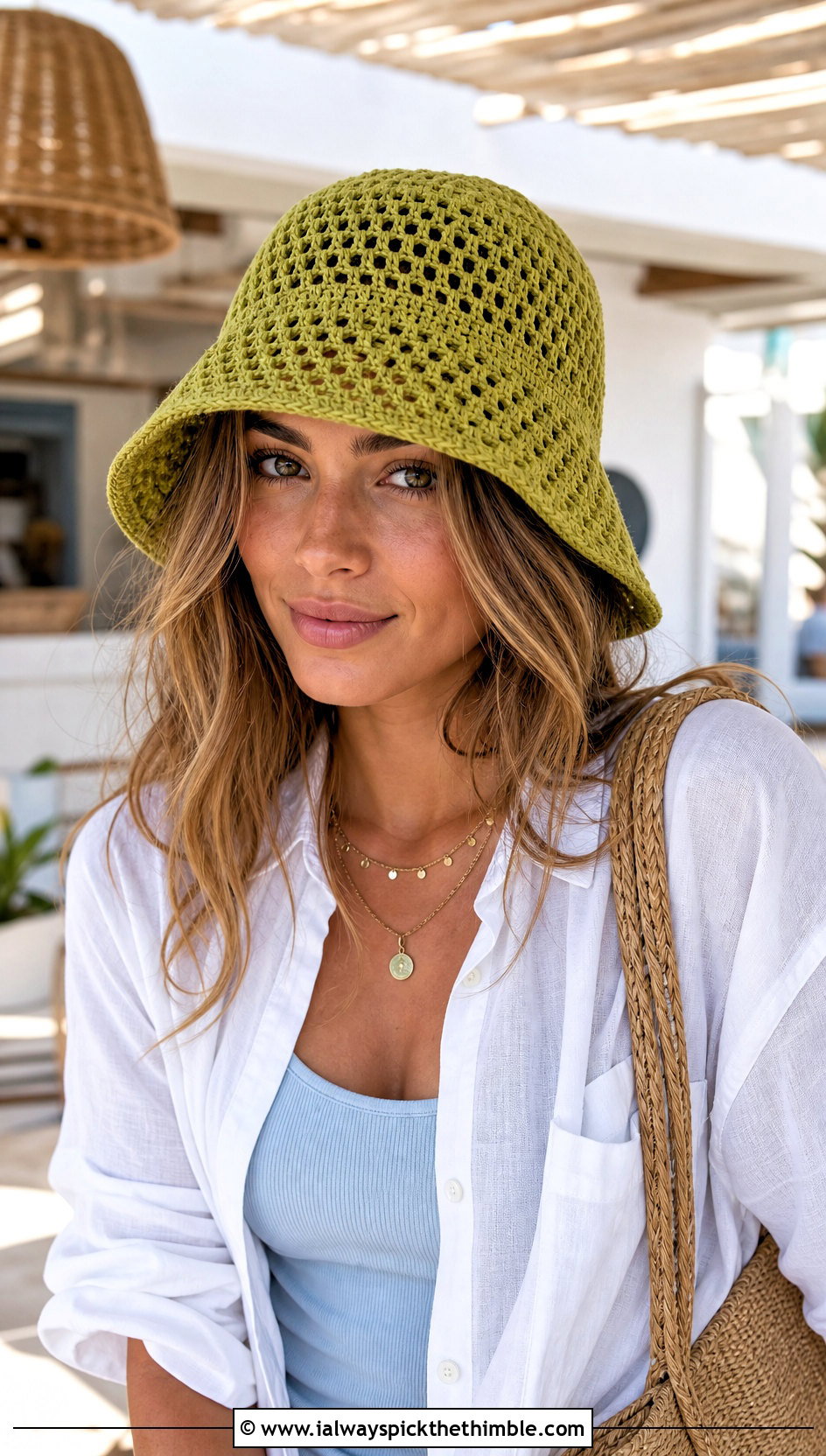 Mesh Crochet Bucket Hat With Linen Shirt And Shorts - 20 aesthetic crochet hat ideas