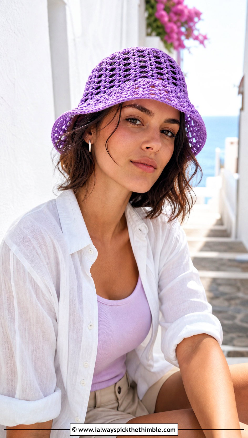 Mesh Crochet Bucket Hat With Linen Shirt And Shorts - 20 easy crochet bucket hat outfit ideas