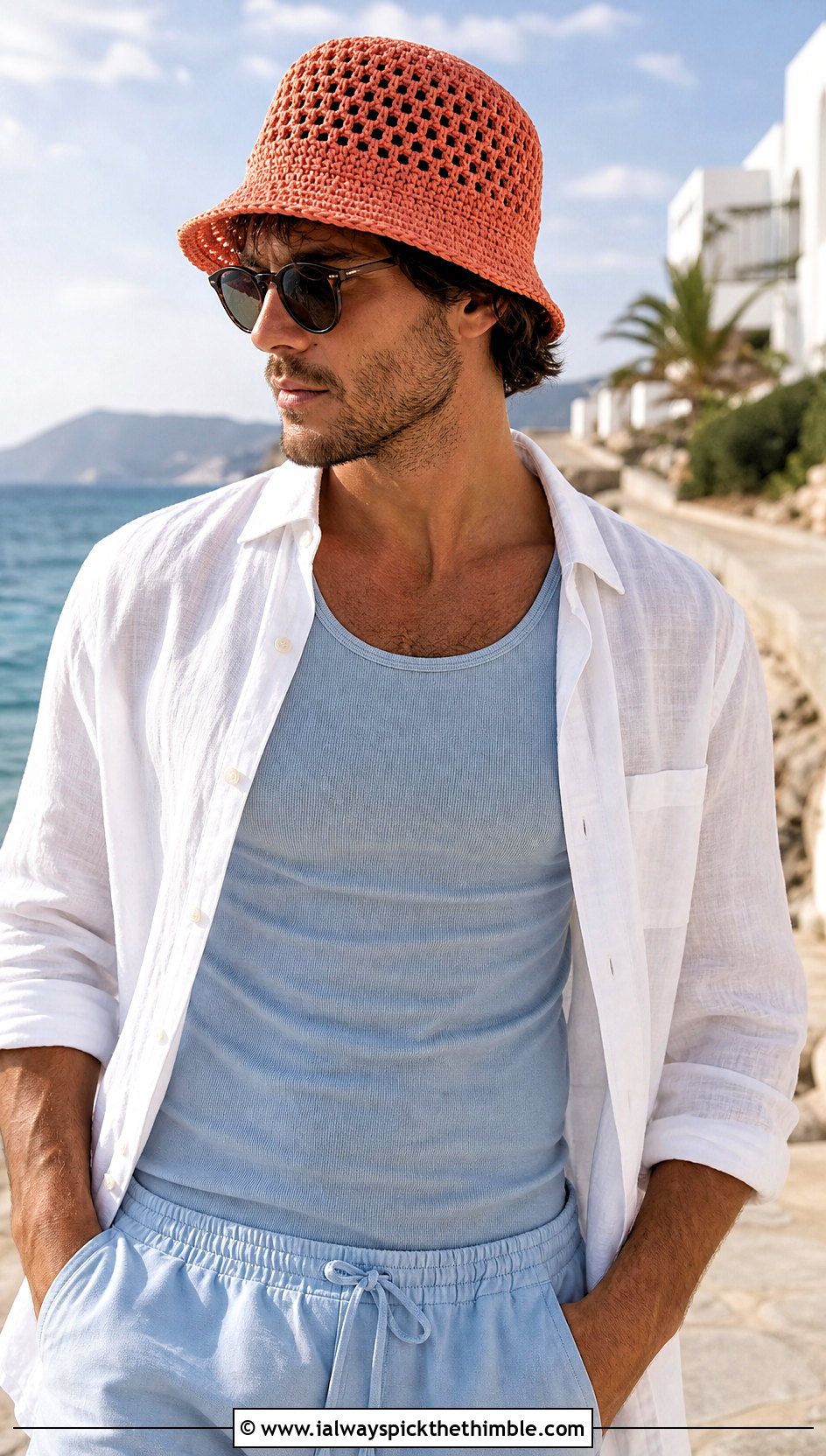 Mesh Crochet Bucket Hat With Linen Shirt And Shorts - 25 crochet hat for man outfit ideas