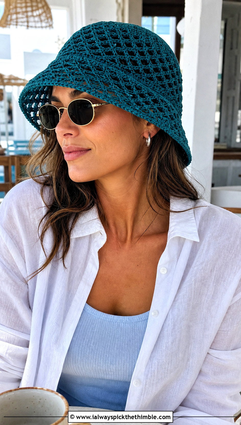 Mesh Crochet Bucket Hat With Linen Shirt And Shorts - 25 crochet hat outfit ideas