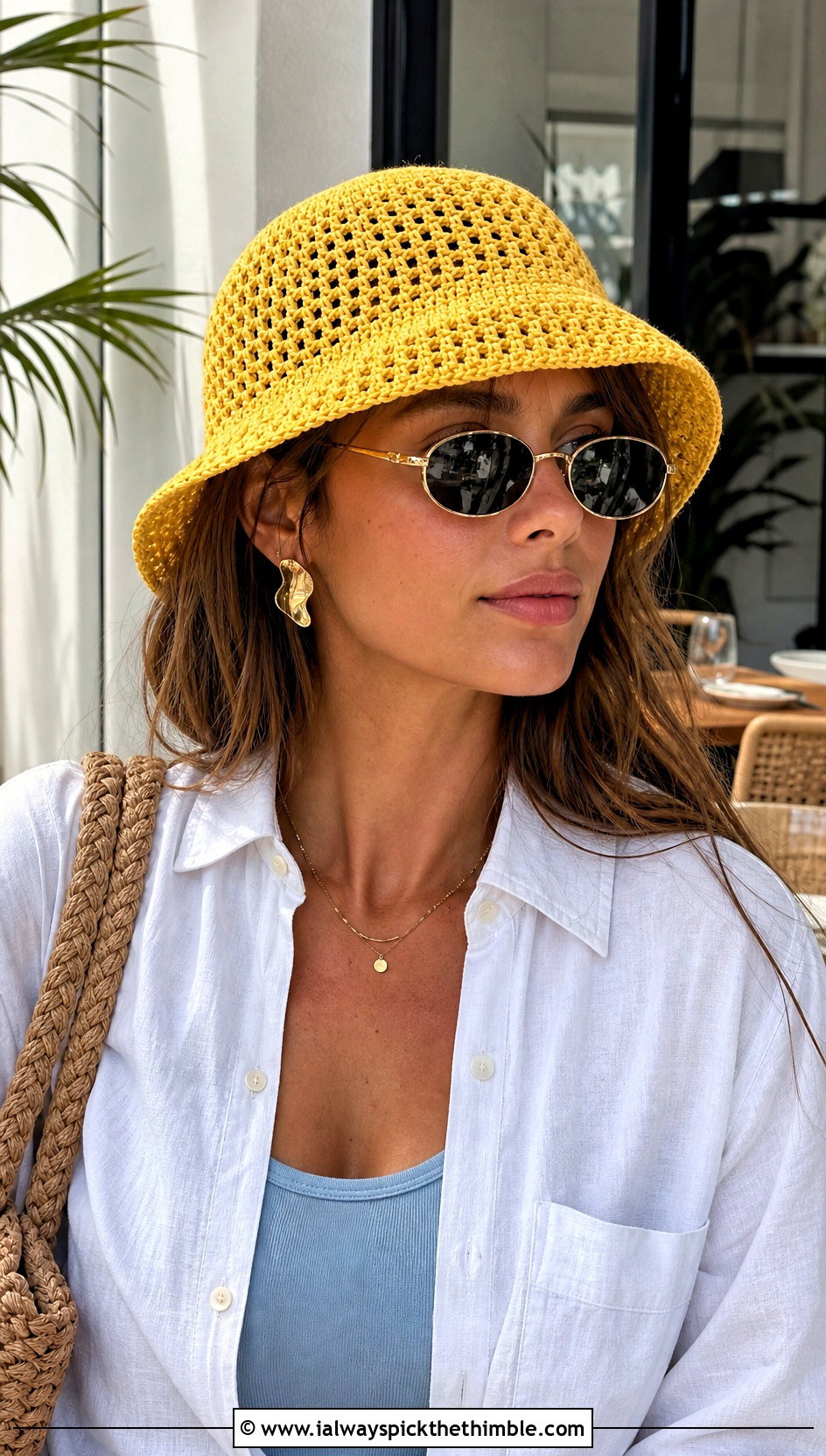 Mesh Crochet Bucket Hat With Linen Shirt And Shorts - 25 fun crochet hats outfit ideas